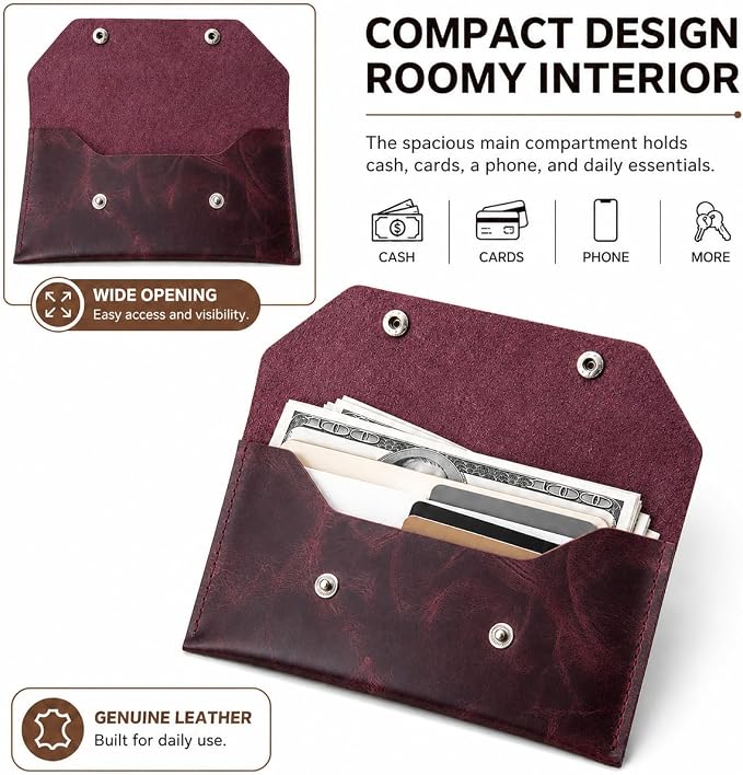 Genuine Leather Cash Envelope Wallet, Two Snap Money Pouch - Image 3