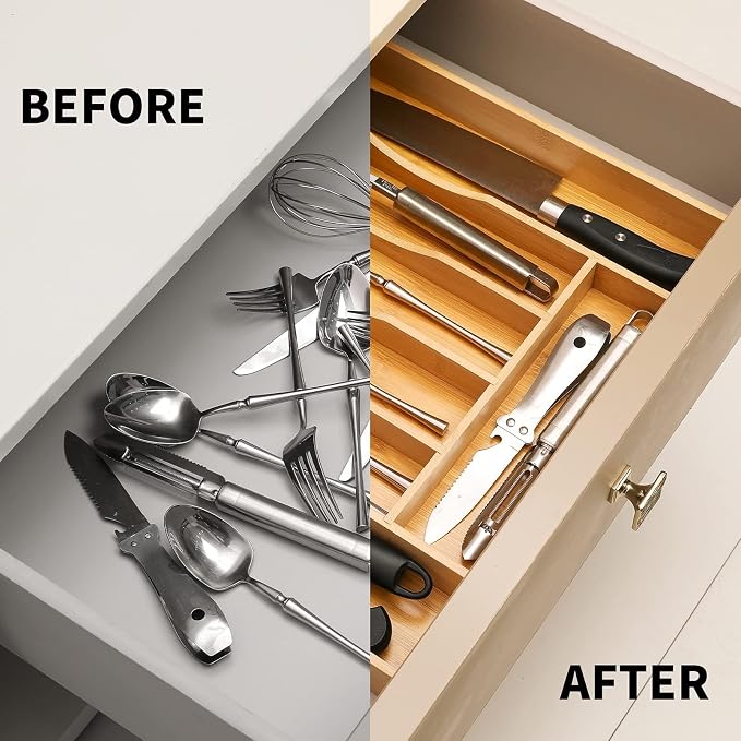 oridom 2-Piece Bamboo Silverware Organizer, Expandable Kitchen Drawer Organizer - Image 4