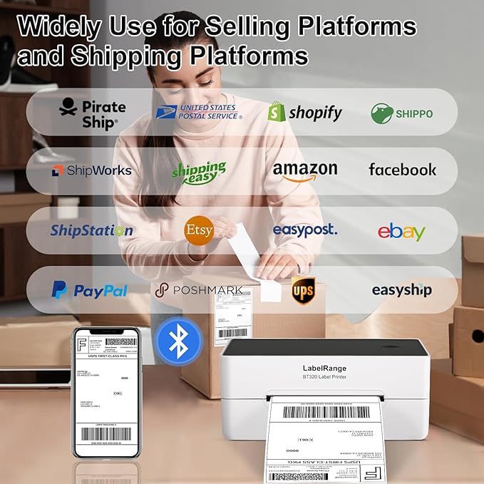 Ecommerce Label Printer 4x6, Bluetooth Thermal Shipping Label Printer, Compatible with Android&iOS and Windows, Support Amazon, Ebay, Shopify, Etsy, Whatnot, USPS, Pirate Ship, Shippo-DeskLoop Office