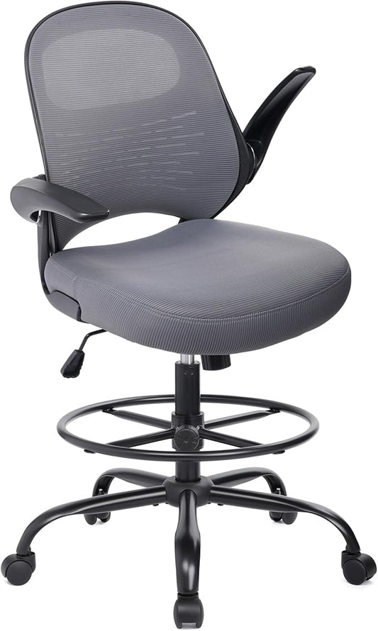 HYLONE Tall Drafting Chair Standing Desk Chair with Flip-Up Armrests, Adjustable Height Ergonomic Office Chair with Footrest Ring - High Stool Chair for Standing Desk (Dark Grey)-DeskLoop Office