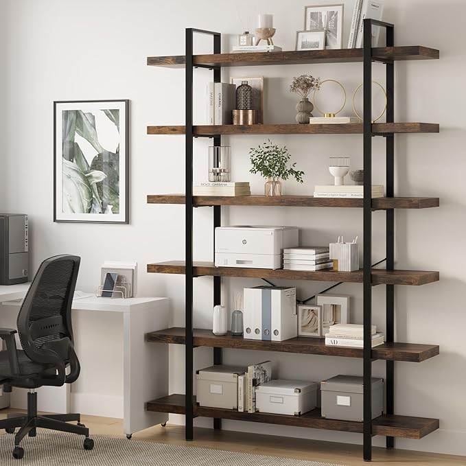 Heavy Duty 6-Tier Industrial Bookcase, 47" Wide Wood Bookshelf for Home Office, 120lbs Shelf Capacity, Rustic Open Shelving Display with Reinforced Horizontal Shelf for Living Room Bedroom-DeskLoop Office