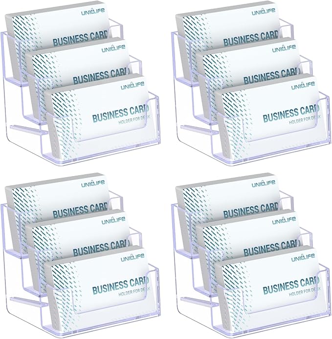 Uniclife 4 Pack Acrylic Business Card Holder for Desk 3 Slots Clear Business Card Display Stand for Men & Women Desktop Business Card Organizer Card Stand for Office Home Exhibition, 180 Card Capacity-DeskLoop Office