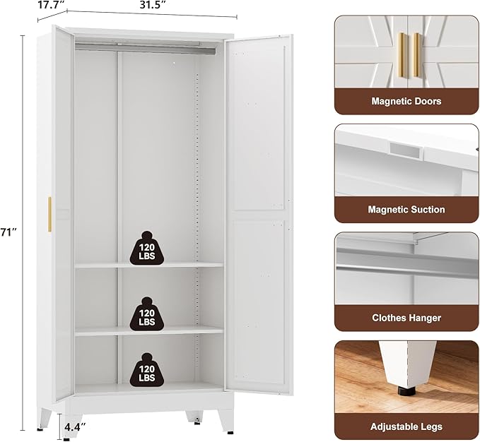 Farmhouse Wardrobe Cabinet,Metal Wardrobe Closet with Hanging Rod,Metal Armoire with Adjustable Shelves for Bedroom,Living Room, Cloak Room,Office (White)-DeskLoop Office