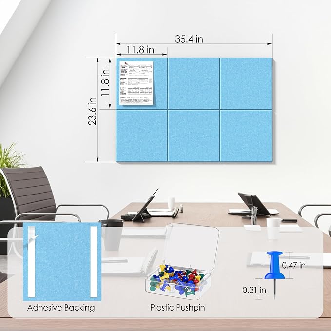 MaxGear Felt Bulletin Board 36" x 24", 6 Pack Blue Felt Wall Tile Push Pin | - Image 4