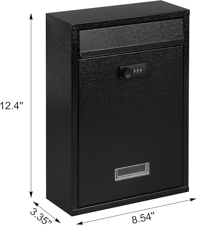 KYODOLED Locking Wall Mount Mailbox, Mail Boxes with Combination Lock for Outside, Security Drop Box with Code,12.4H x 8.54L x 3.35W Inches, Black-DeskLoop Office