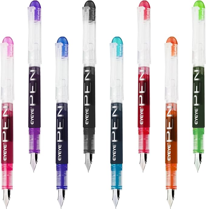 EYEYE Disposable Fountain Pens, 8 Pack Multicolor Fine Point Fountain Pens for Writing, Stainless Steel Nib, Smooth Writing for Calligraphy, Journaling, Drafting, Sketching, Doodling & Gifts-DeskLoop Office
