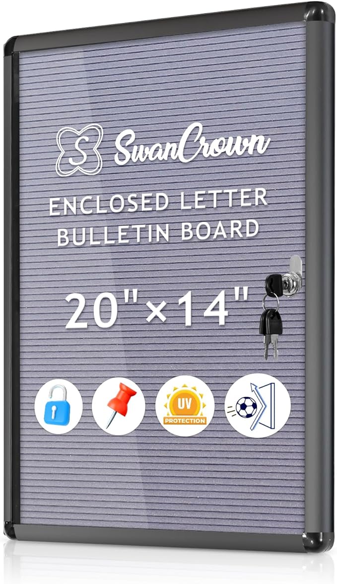 SWANCROWN Enclosed Bulletin Board with Locking Door 20x14 in, Lockable Felt Letter Board Sign Tamperproof Message Board for Office School Home, Black Aluminum Frame, Grey-DeskLoop Office