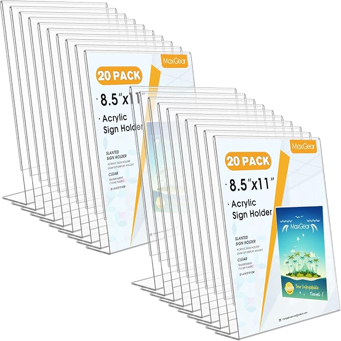 MaxGear Acrylic Sign Holder, 8.5 x 11 Slant Back Display Stand, 20 Pack | Clear by MaxGear