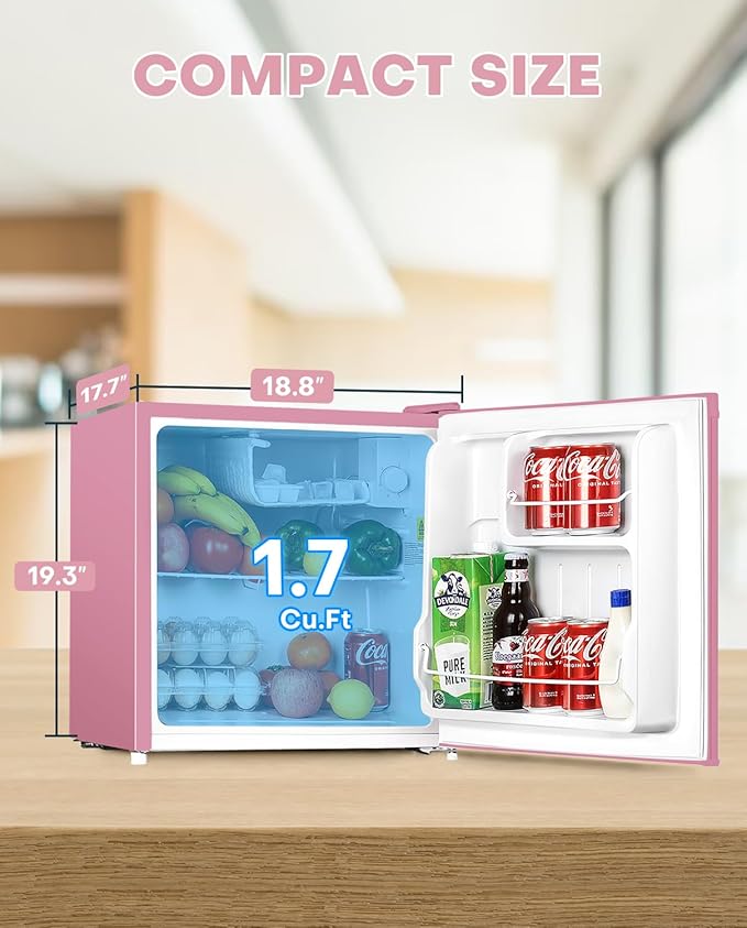 Upstreman 1.7 Cu.ft Mini Fridge with Freezer, Dorm Essentials, Adjustable Thermostat, Energy Saving, Low Noise, Single Door Compact Refrigerator for Dorm, Office, Bedroom, Pink-FR17-DeskLoop Office