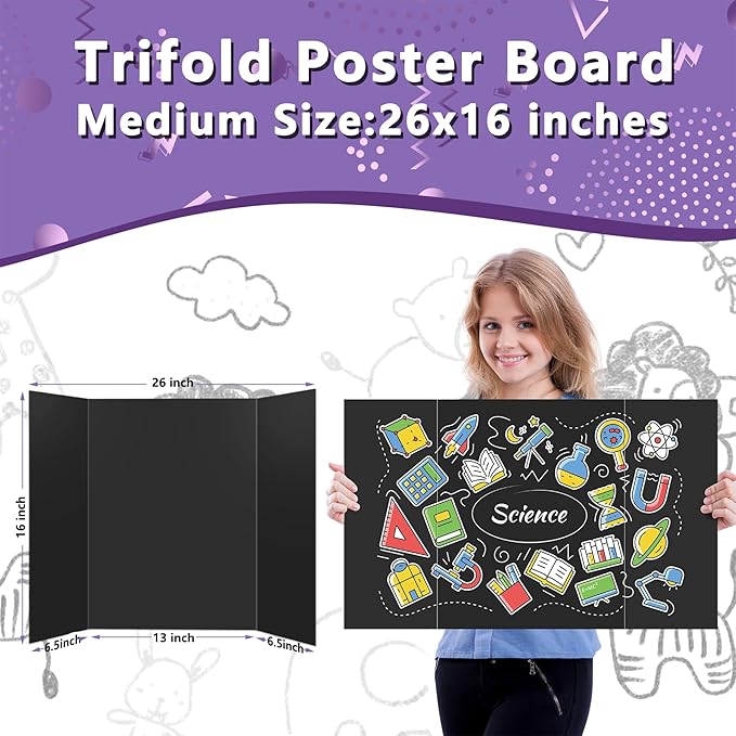 3 Pack Medium Trifold Poster Board 26" x 16" Tri Fold Poster Boards Black Corrugated Cardboard Project Boards for Presentations, School Projects, Science Fair, Exhibition Event Display-DeskLoop Office