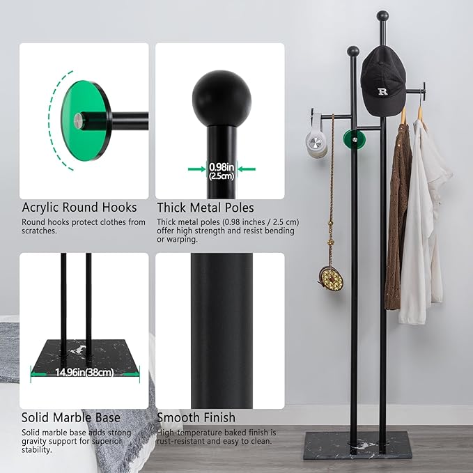 Free Standing Coat Rack with Marble Base & 8 Hooks Heavy Duty Clothes Rack for Entryway Bedroom Living Room Hotel 14.96 x 10.24 x 68.9 Inches (Black)-DeskLoop Office