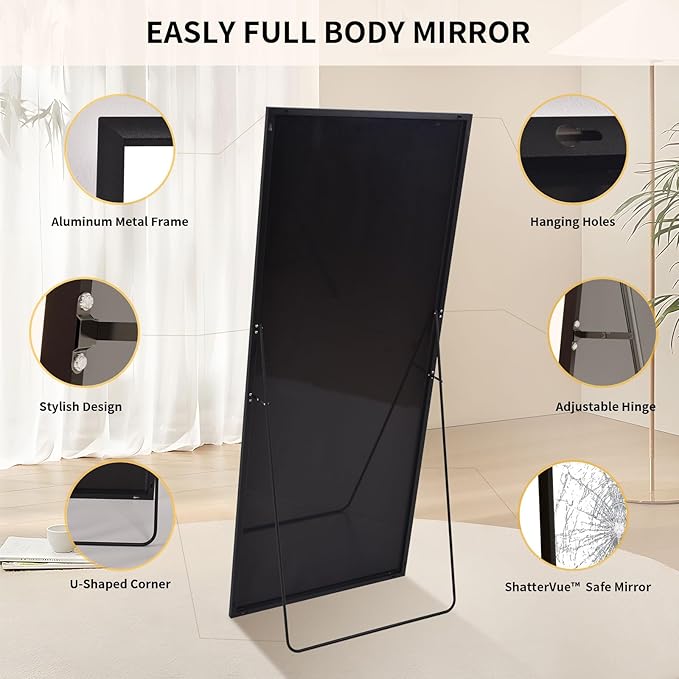 34"x76" Full Length Mirror with Stand, Large Rectangular Floor Mirror for Bedroom, Living Room or Closet, Wall-Mounted or Freestanding, Black Aluminum Alloy Frame-DeskLoop Office