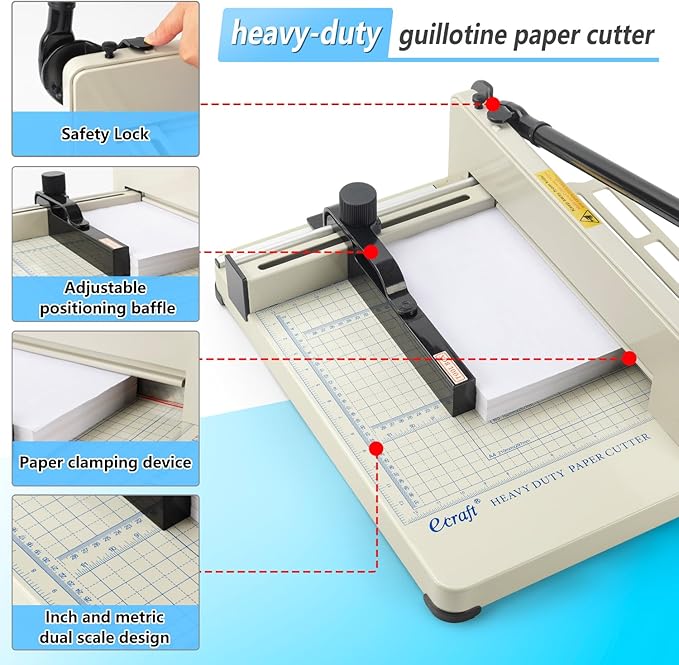 Ecraft Heavy Duty 12" Guillotine Paper Cutter - 400 Sheet Capacity,Solid Steel with HSS Blade,Industrial Commercial Trimmer for Office,School,Print Shop,Safety Lock & Clear Grids-DeskLoop Office