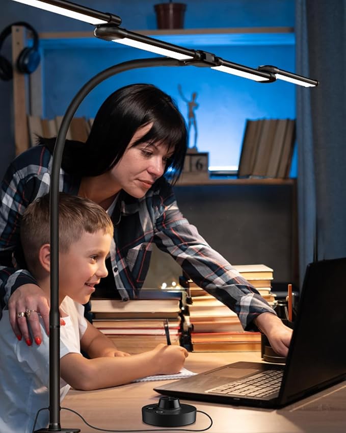 LED Desk Lamp with Clamp, 24W Ultra Architect Desk Lamp for Home Office, Stepless Dimming & Adjustable Gooseneck, Eye-Caring Light with USB Adapter for Reading, Study, Multi-Screen Setup (Black)-DeskLoop Office