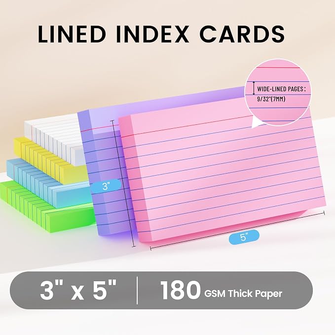 Index Cards 3x5 Inch, Flash Cards, Ruled Lined Colored Note Cards Paper - Image 2
