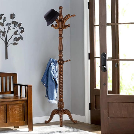 Coat Rack Freestanding Tree Stand with 8 Hooks, 79'' Heavy Duty Premium Ash Wood Hanger Stand, Floor Standing Clothes Hat for Entryway, Corner,Hallway,Bedroom, Office,Brown-Style 2-DeskLoop Office