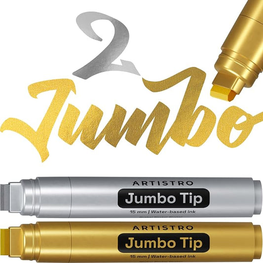 ARTISTRO 2 Gold & Silver Acrylic Paint Markers - 15mm Jumbo-Tip Paint Pens - by ARTISTRO