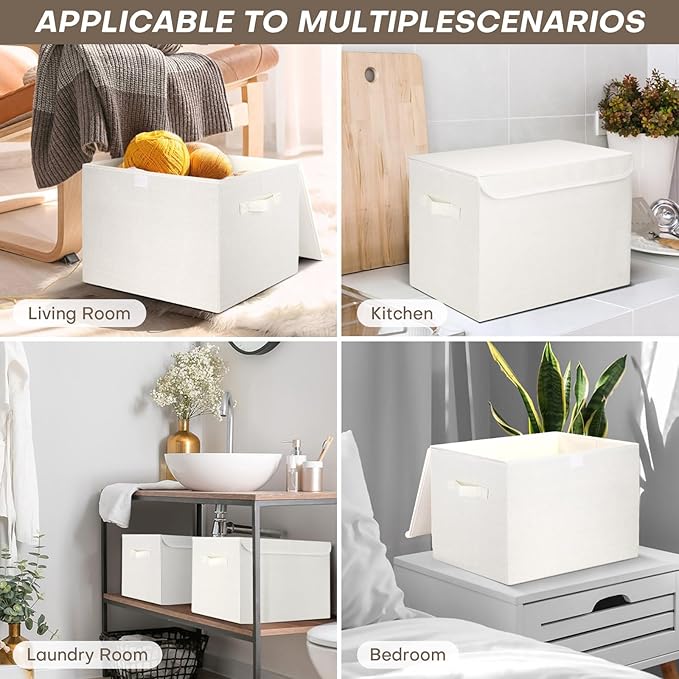 Large 17" 42 Quarts Collapsible Stackable Storage Bins with Lids [3-Pack] Foldable Fabric Linen Storage Boxes Cube, Closet Organizer Baskets with Label (16.7 x 12 x 12", White)-DeskLoop Office