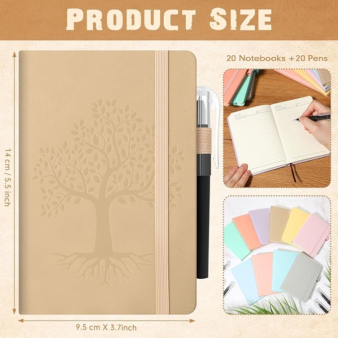 Estune Tree Small Notebooks Pen Leather Lined Pocket Subject Notebooks Hardcover Pocket Notepad Cute Ruled Leather Journals with Pen Holder for Men Women School Business, A6 (Elegant Color,20 Set)-DeskLoop Office