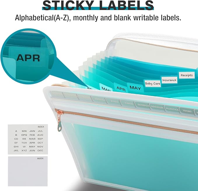 H4D Accordion File Organizer, 13 Pocket Expanding File Folder, Teal | Zippered - Image 4