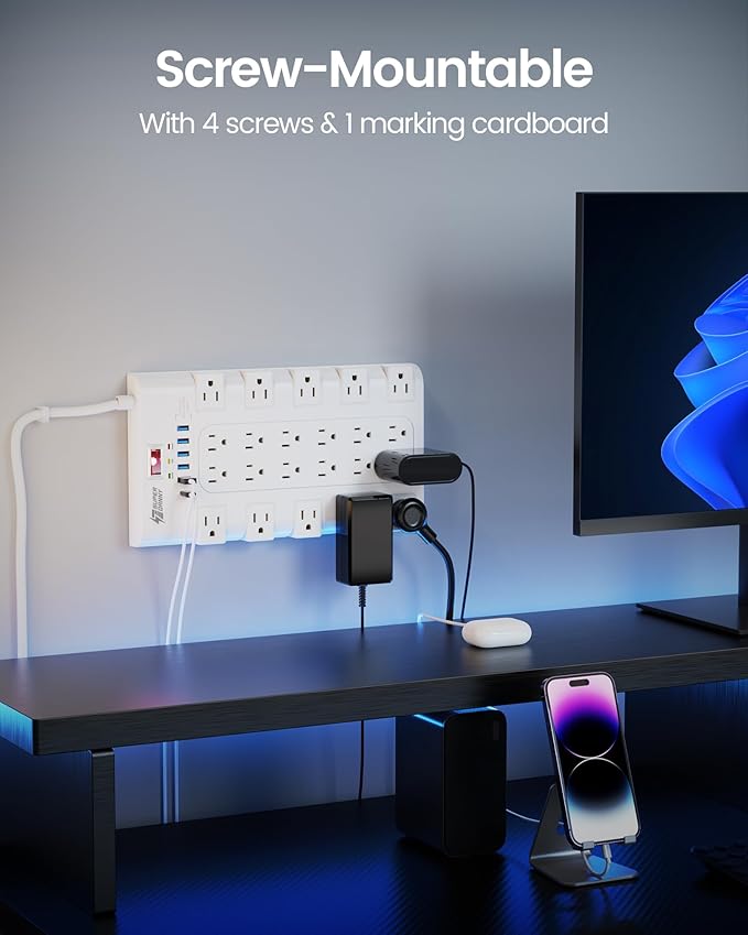 10Ft Extension Cord with Multiple Outlets, SUPERDANNY Surge Protector Power Strip (1875W/15A), 22 AC Outlets and 6 USB Charging Ports, Wall Mountable for Home, Office, Gaming Room, 2100 Joules, White-DeskLoop Office