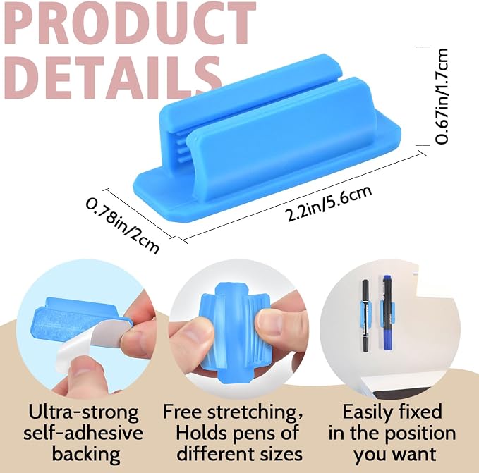 20 Pack Adhesive Silicone Pen Holders Blue Stick-On Pencil And Marker Clips | - Image 3