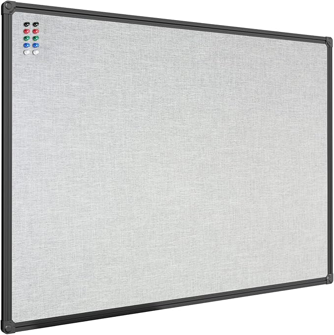JILoffice Cork Linen Bulletin Board 36 X 24 Inch (Grey), Black Aluminum Frame Wall Mounted Board Memo Pin Board for Office Home and School-DeskLoop Office