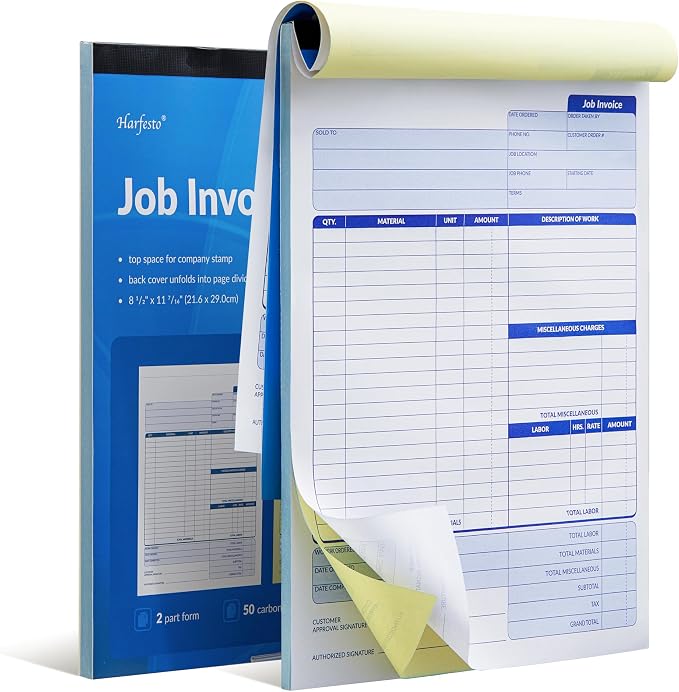 Harfesto Job Work Order Forms, Large Size Contractor Invoice Book 8-1/2" x by Harfesto