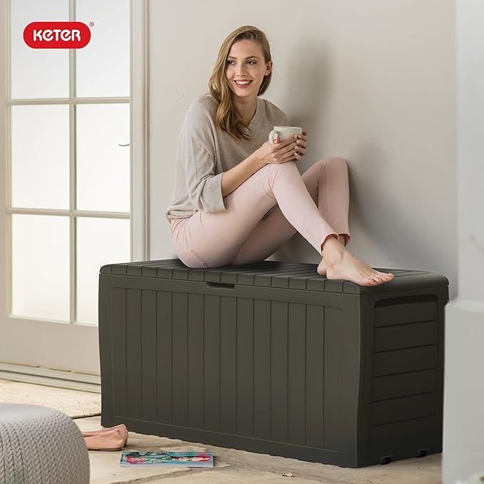 Keter Marvel Plus 71 Gallon Resin Deck Box-Organization and Storage for Patio Furniture Outdoor Cushions, Throw Pillows, Garden Tools and Pool Floats, Mossy Brown-DeskLoop Office