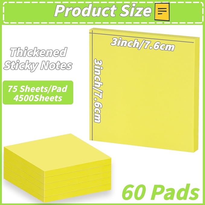 60Pack Yellow Sticky Notes 3x3, Self-Stick Pads, Self-Stick Pads 75 Sheets/Pad - Image 2