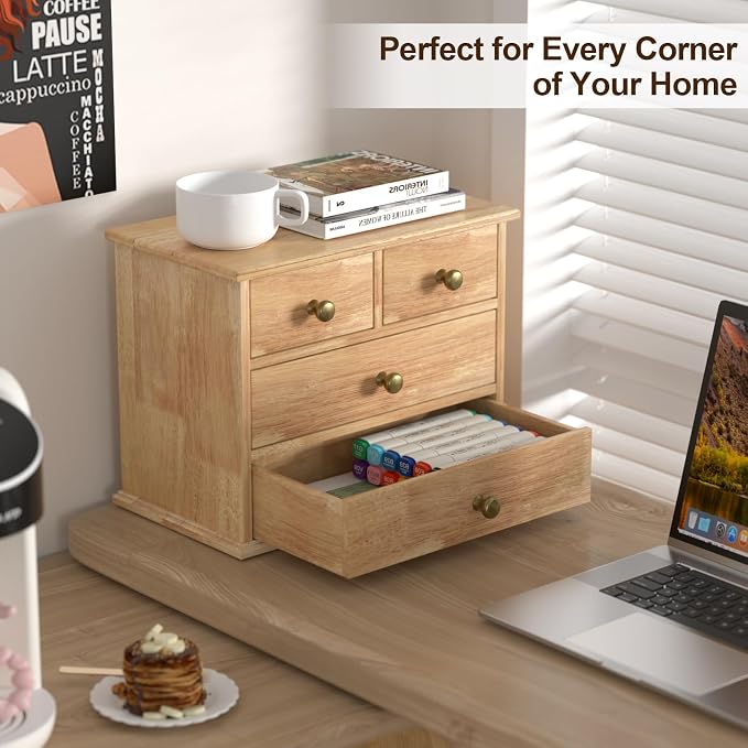 Oak Desk Organizer with Drawers, Wooden Desktop Storage Box with Metal Handles - Image 4
