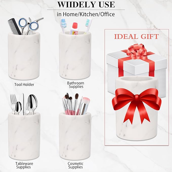 WORHE Natural Marble Pen Holder for Desk, Handcrafted Volakas Sturdy Desk Organizer for Office Supplies Storage Desktop Stationary Makeup Brushes Cup Pencil Holders for Home White (DL002)-DeskLoop Office