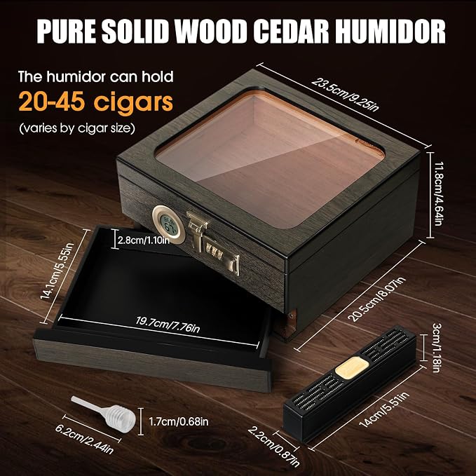 Tesonway Cigar Humidor, Cedar Wood Humidor Cigar Box, Glass Top Desktop Humidor - Image 5