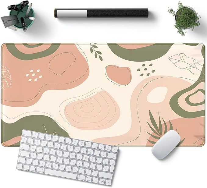 Boho Green Cream Desk Mat Boho Kawaii Green Mouse Pad Cute Desk Mat, Large Aesthetic Mouse Pad XL Desk Decor for Women with Stitched Edge Mouse Desk Pad for Keyboard and Mouse Desk Pad, 31.5x15.8in.-DeskLoop Office