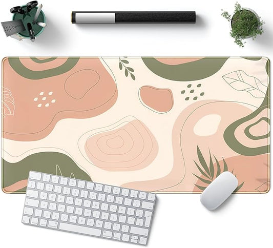Boho Green Cream Desk Mat Boho Kawaii Green Mouse Pad Cute Desk Mat, Large Aesthetic Mouse Pad XL Desk Decor for Women with Stitched Edge Mouse Desk Pad for Keyboard and Mouse Desk Pad, 31.5x15.8in.-DeskLoop Office