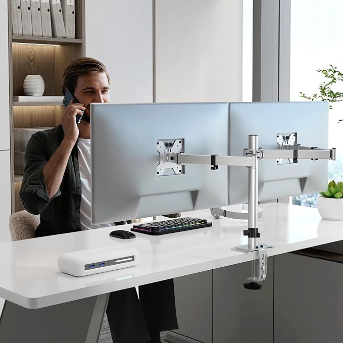 Pholiten Dual Monitor Stand, Heavy Duty Adjustable Monitor Arm Desk Mount for 2 Screens up to 42Inches, Tilt, Swivel, Rotate, Supports Tilt, Swivel, Rotate, Supports 22 lbs per Arm,Silver-DeskLoop Office