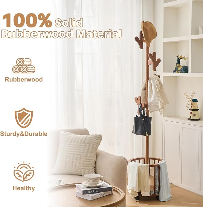 Uniclinens Solid Wood Coat Rack Freestanding with Umbrella Holder, Tree Coat Rack Stand with Lockable Universal Casters & 12 Hooks for Entryway Bedroom, Walnut-DeskLoop Office