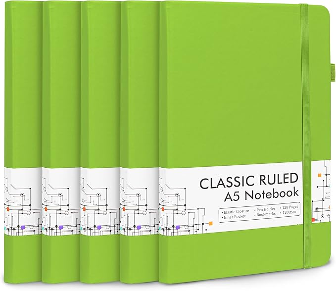 feela 5 Pack Notebooks Journals Bulk, Hardcover Notebook Classic Ruled Lined Journals with Pen Holder for Women Girls School Business Supplies, with 5 Black Pens, 120 GSM, 5.1”x8.3”, A5, Green-DeskLoop Office