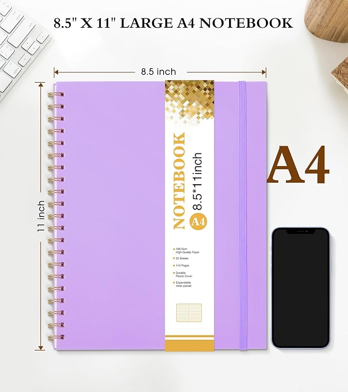 Spiral Notebook Journal 8.5” x 11”, A4 Large Notebooks for Women Men, College Ruled Lined Journal, 100 GSM Paper, Hardcover Spiral Bound Journals for Work School Writing Note Taking Business, Purple-DeskLoop Office