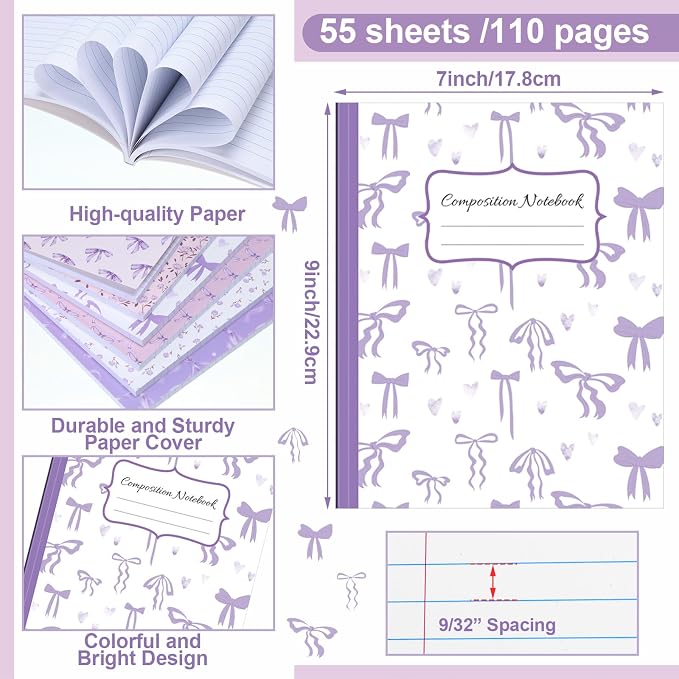 Fullhawl 6 Pack Composition Notebook College Ruled Bulk Purple Bow Composition - Image 2