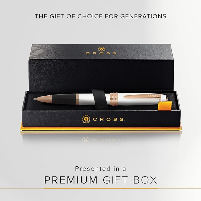 Cross Bailey Refillable Rollerball Pen Presented in a Premium Gift Box - Medium Point, Black Ink, White & Rose Gold-DeskLoop Office