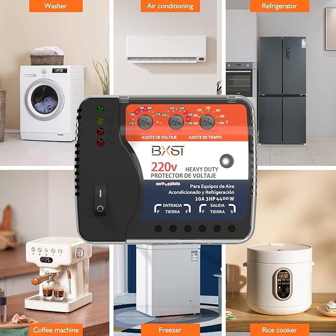 BXST Wiring Voltage and Brownout Surge Protector for Refrigerator TV 4400W Appliance AIR Conditioning Inverter Mini Split Adjustable Over/Under and Delay Time Voltage 20A 220V 140J-DeskLoop Office