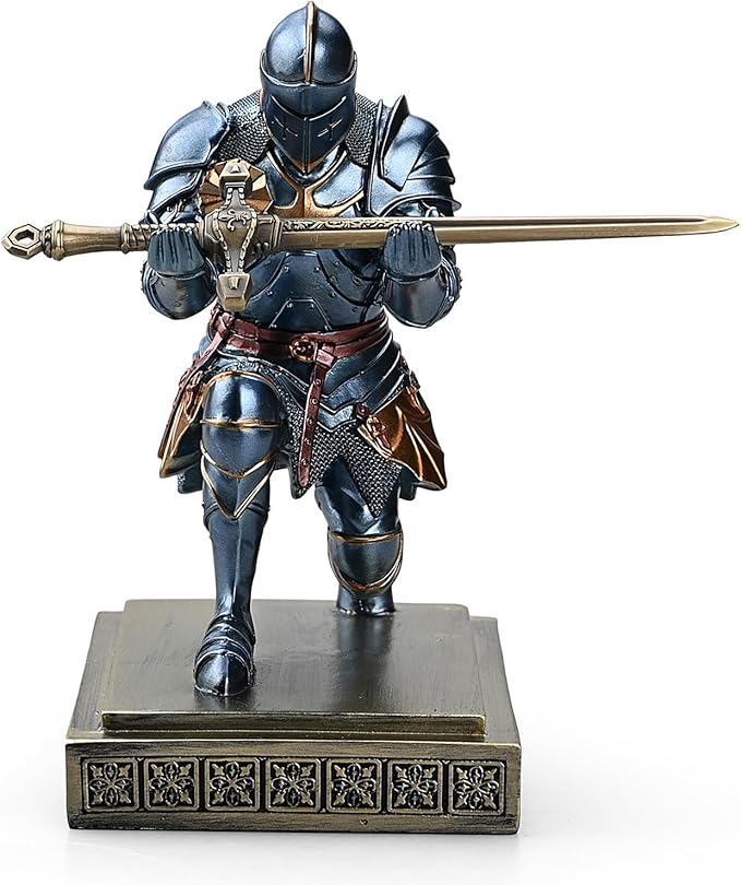 Medieval Armored Warrior Knight Pen Holder Desk Organizers and Accessories Resin Pencil Holder Paperweight as Gift with a Cool Letter Opener for Desk (Blue)-DeskLoop Office
