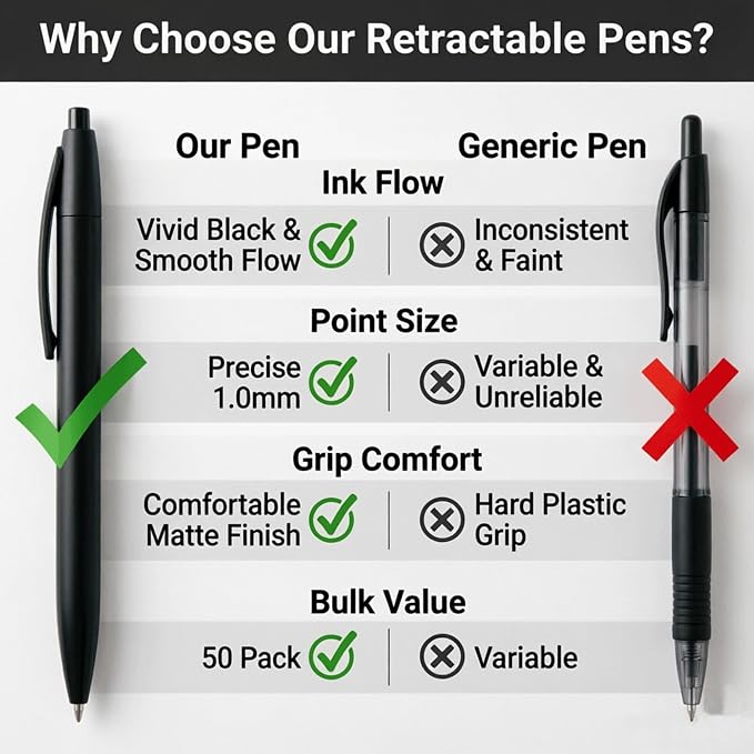 50 Pack Retractable Ballpoint Pens Black Ink, 1.0mm Medium Point Smooth Writing - Image 7