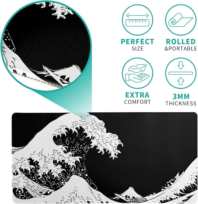 Japanese Sea Wave Large Mouse Pad, Abstract Black Gaming Mousepad, Extended - Image 5