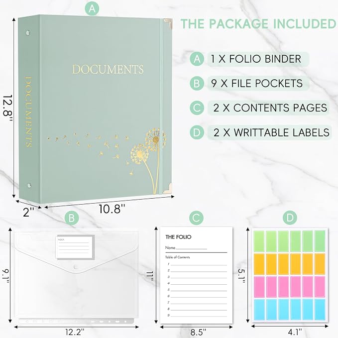 XKDOUS Document Organizer with Gold-Foiled Hardcover, 9 Pockets & Labels 3 Ring - Image 2