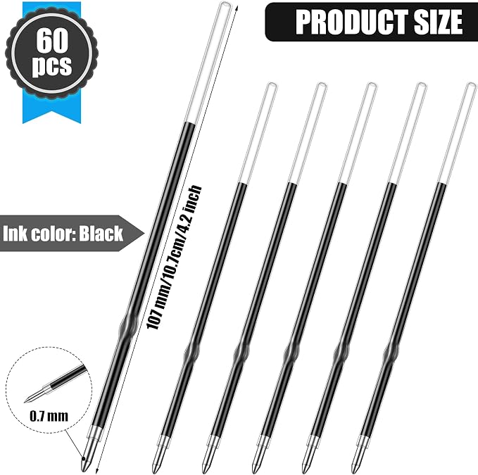 Outus 60 Pcs 0.7 mm Black Retractable Pen Refills Bulk 4.2inch Replacement - Image 2