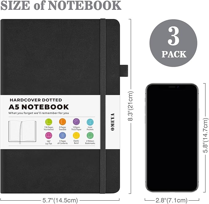 OMEYA Dotted Journal Notebook 3 Pack, A5 Hardcover Notebook with 120gsm Thick Dotted Paper, Leather Journals for Women, Men, Dot Grid Notebook Journal for Writing, Notebooks for Work, 5.75" × 8.38"-DeskLoop Office