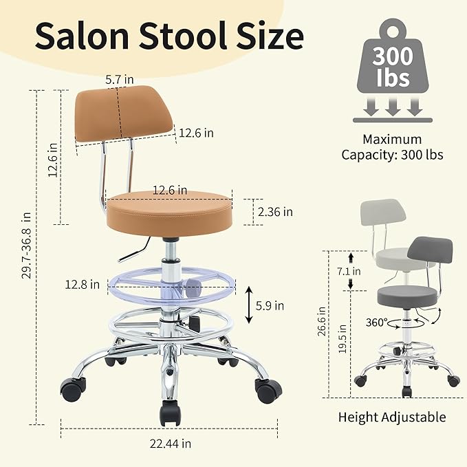 Rolling Stool with Back, Adjustable Tattoo Rolling Chair 19.5’’-26.6’’, Camel Brown Hairstylist Stool with Wheels (Camel Brown)-DeskLoop Office