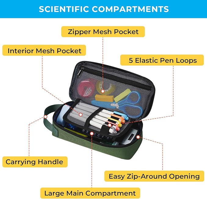 ECHSRT Big Pencil Case, Aesthetic Portable Zipper Pencil Bag with Hidden Pocket, Special Pouch for Men Women Adults, Stationery Organizer Pen Cases for Office Travel,Army Green-DeskLoop Office